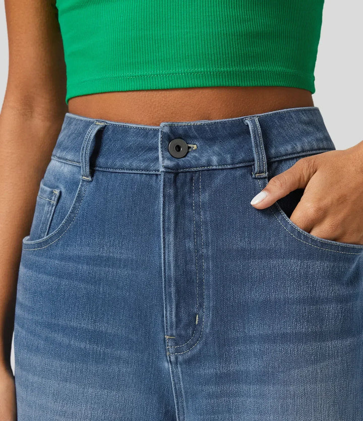 Beiga stretchjeans med vida ben och fin komfort för dam