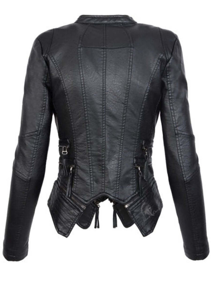Bakifrån av dam svart bikerjacka med figursydd design