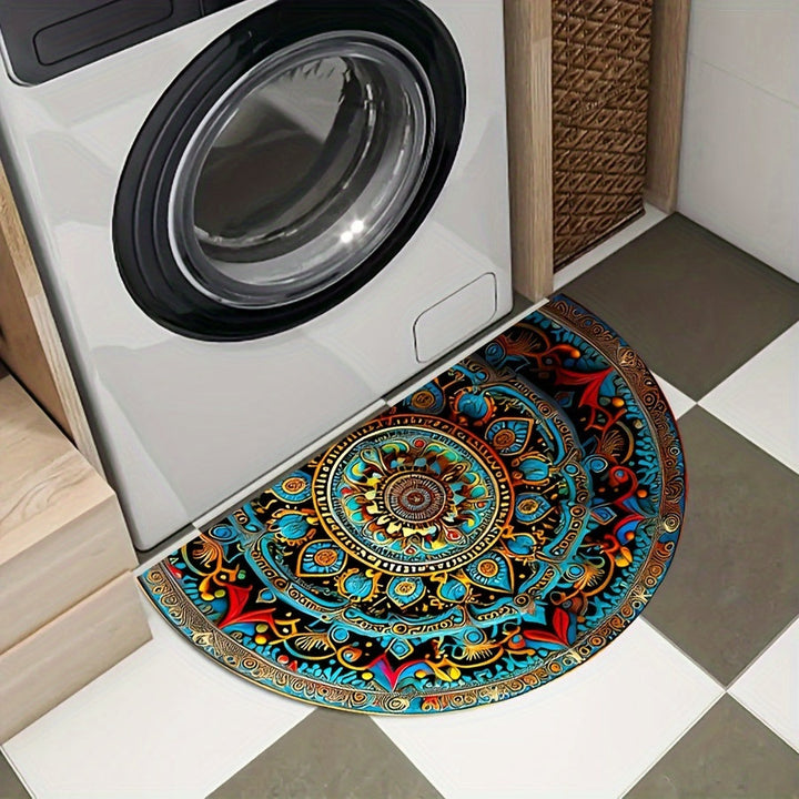 Stilren entrématta med mandala design placerad i tvättstuga