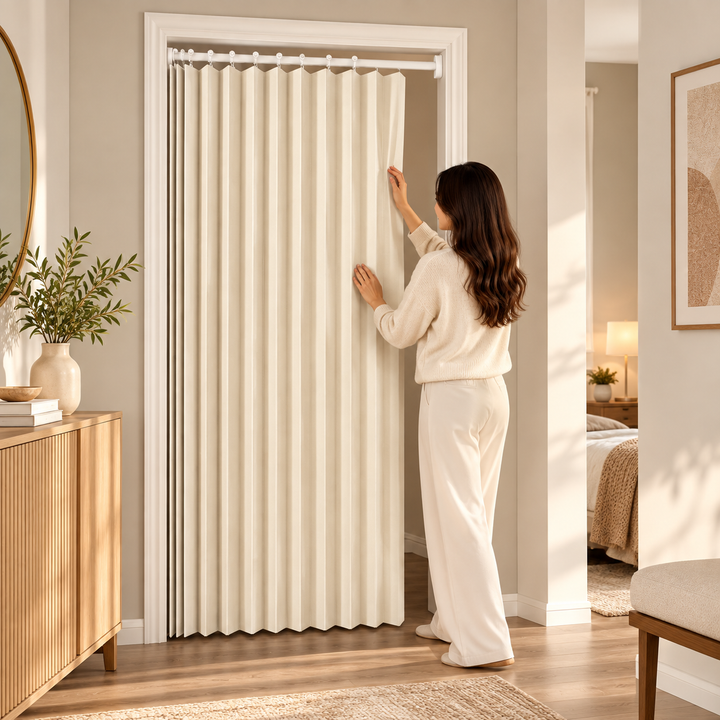 Elegant veckat dörrdraperi i minimalistisk stil för modern inredning