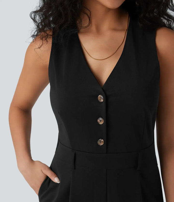 Vardaglig damjumpsuit i ärmlös modell med djup V-ringning framtill