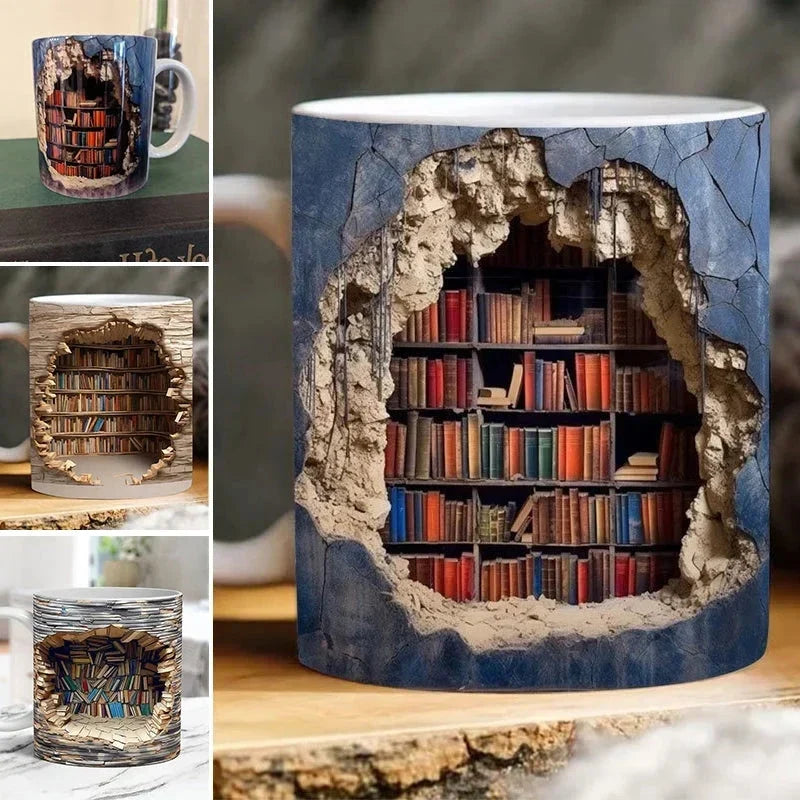 Handtag och form på 3D bibliotek bokhylla mugg visad från sidan