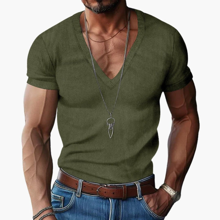 Olivgrön V-ringad kortärmad t-shirt för dam