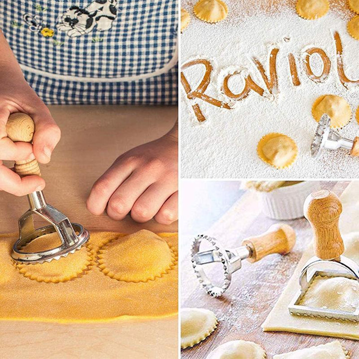 Närbild på ravioliverktyg med fint trähandtag för pastatillverkning
