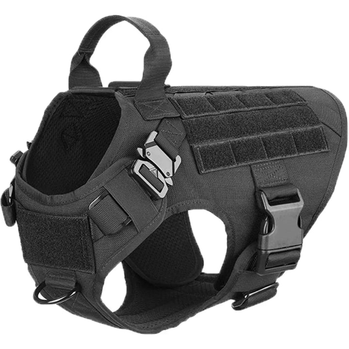Svart taktisk hundväst sedd från sidan med MOLLE-öglor