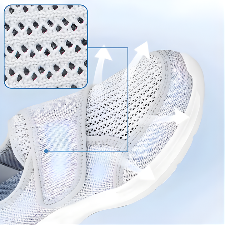 Ortopediska damsneakers i bred passform för svullna fötter, detaljbild på ovandel