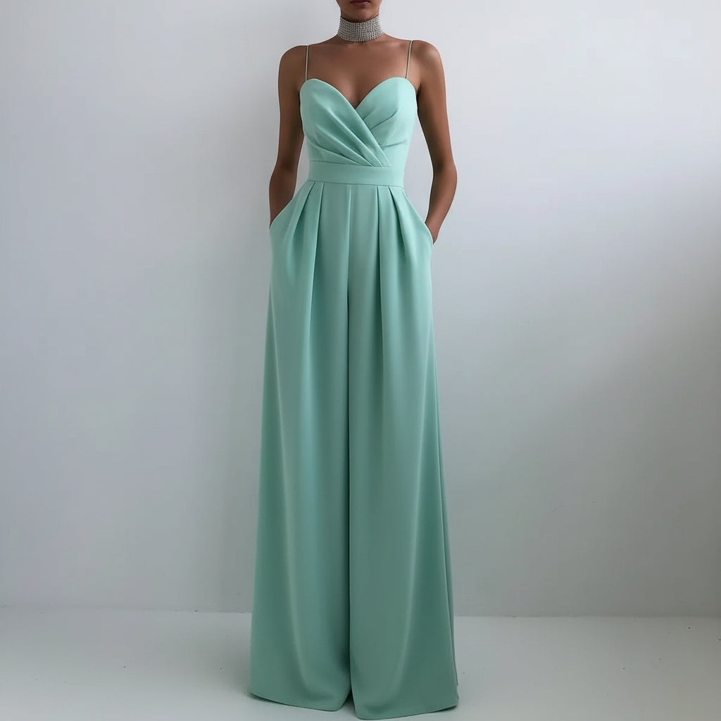 Ärmlös jumpsuit för dam med hög midja och breda ben i marinblått sommarmode