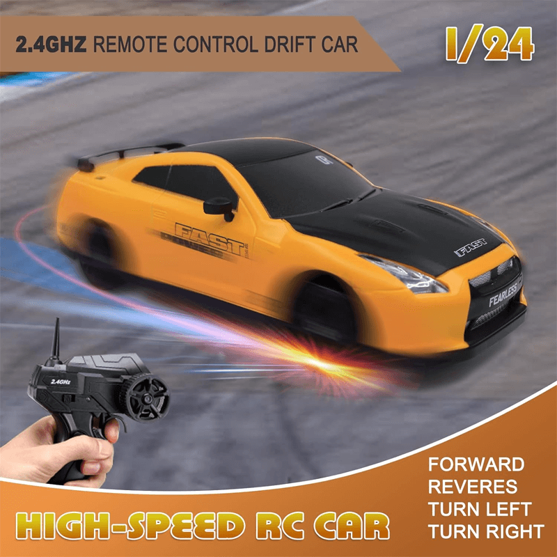 Actionbild av gul höghastighets RC driftbil som sladdar på bana