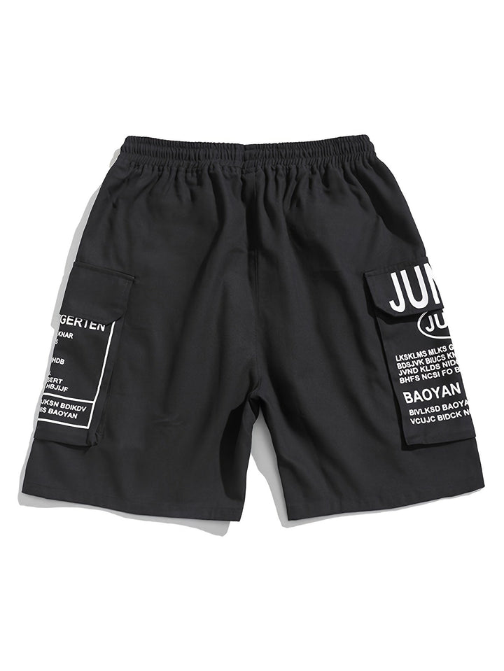 Baksida av svarta streetstyle-shorts för herrar med grafiska designtryck