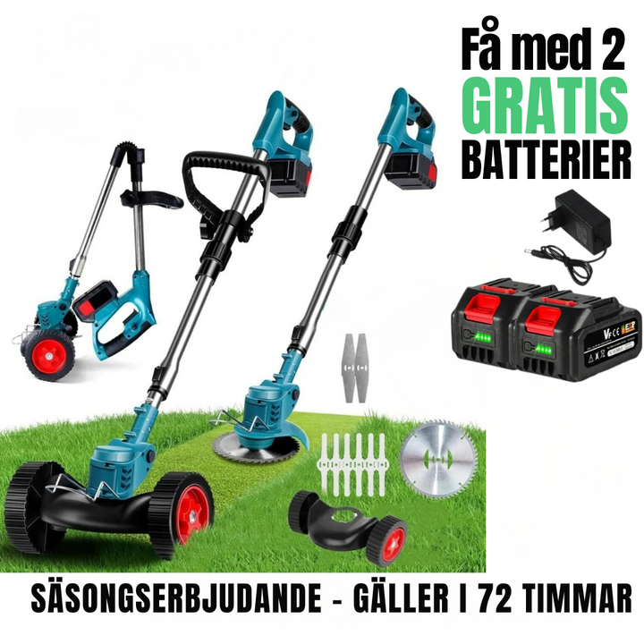 Trådlös grästrimmer 36V med tillbehör och extrabatterier