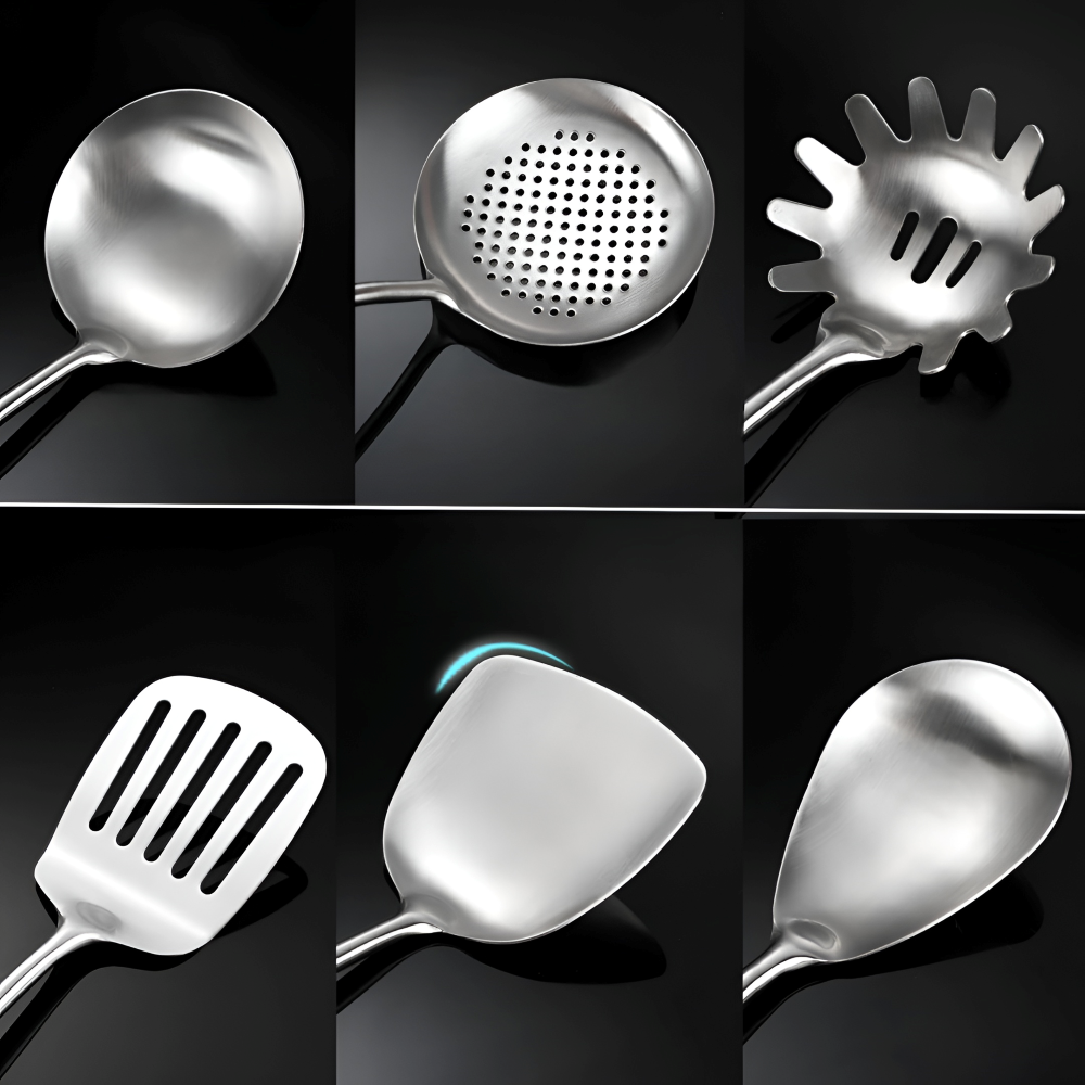 Elegant 6-delat köksredskapsset i silver rostfritt stål med ergonomiska trähandtag.