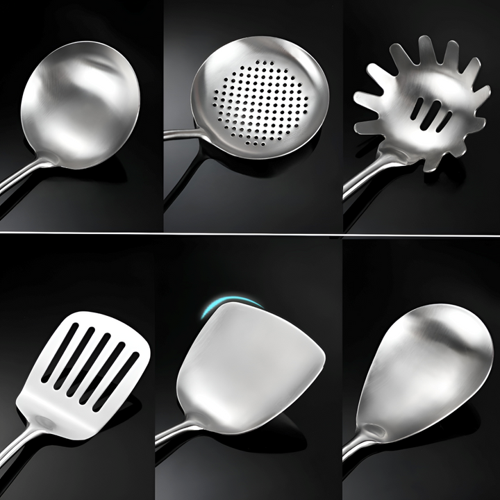 Elegant 6-delat köksredskapsset i silver rostfritt stål med ergonomiska trähandtag.
