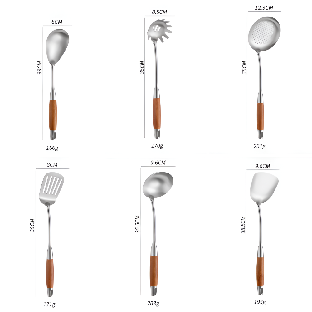 Mångsidigt 6-delat set med köksredskap som slev och stekspade i hållbart rostfritt stål och trä.