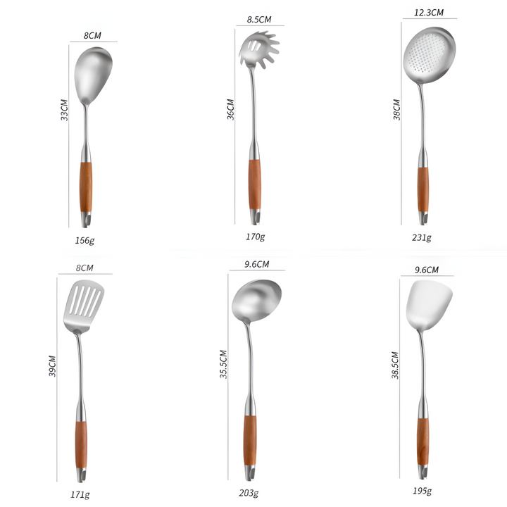 Mångsidigt 6-delat set med köksredskap som slev och stekspade i hållbart rostfritt stål och trä.