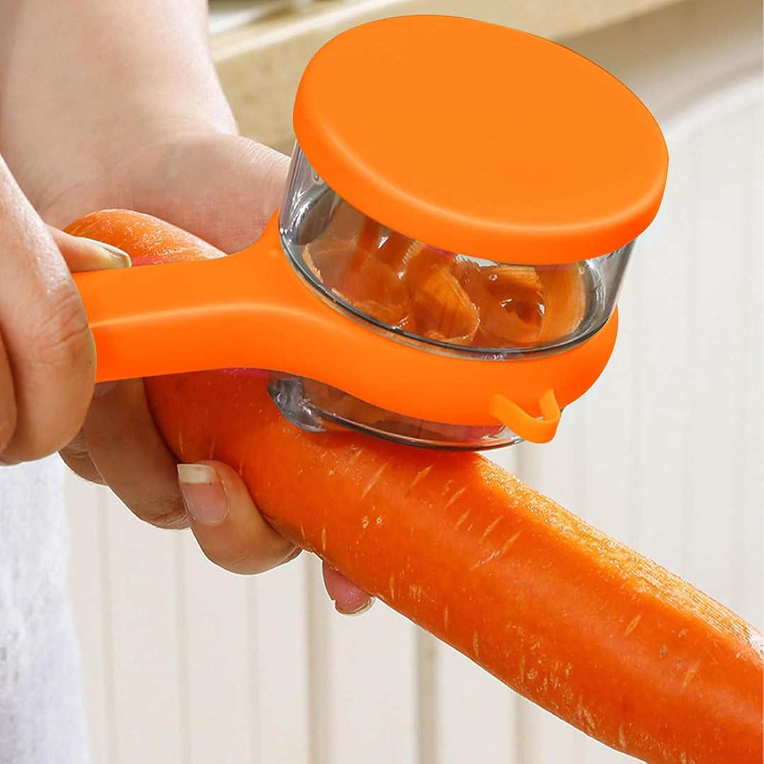 Ergonomisk äppelskalare i rostfritt stål placerad på en bänkskiva.