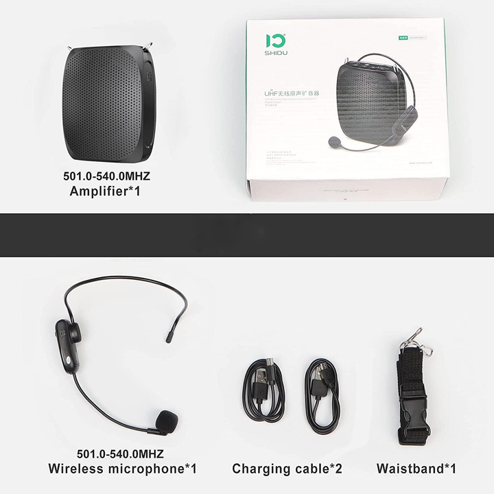 Komplett paket med röstförstärkare, mikrofon, kablar och midjebälte