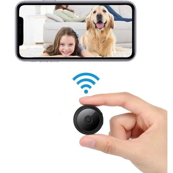 Trådlös mini magnetkamera som visas i en hand med mobilvisning av hund och barn i bakgrunden