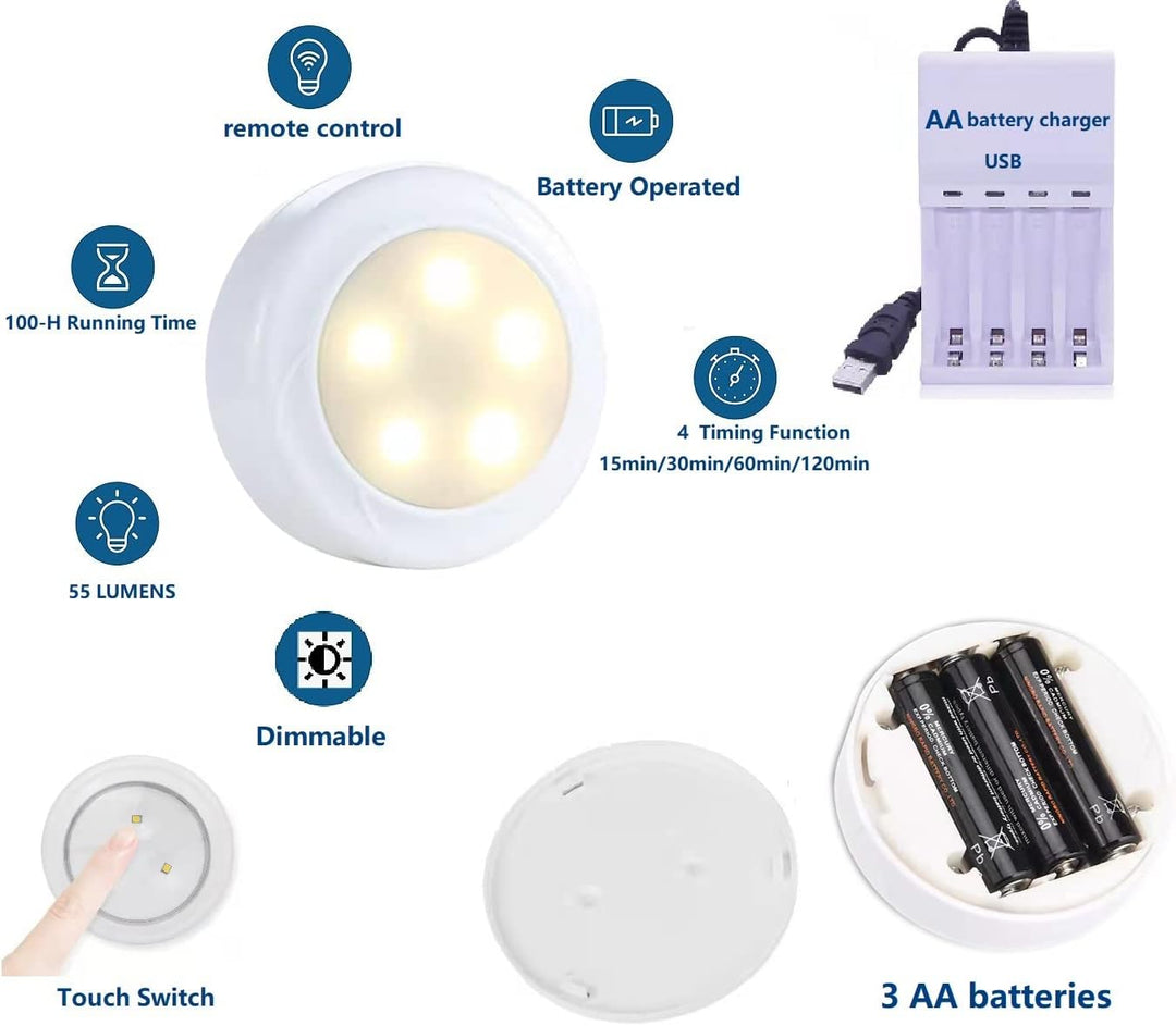 Närbild på batteridriven LED pucklampa med touchfunktion