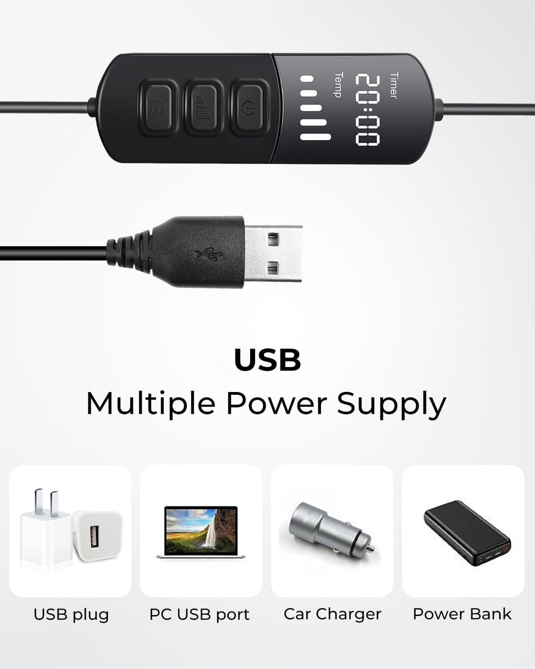 USB-kabel och flera olika kompatibla strömkällor