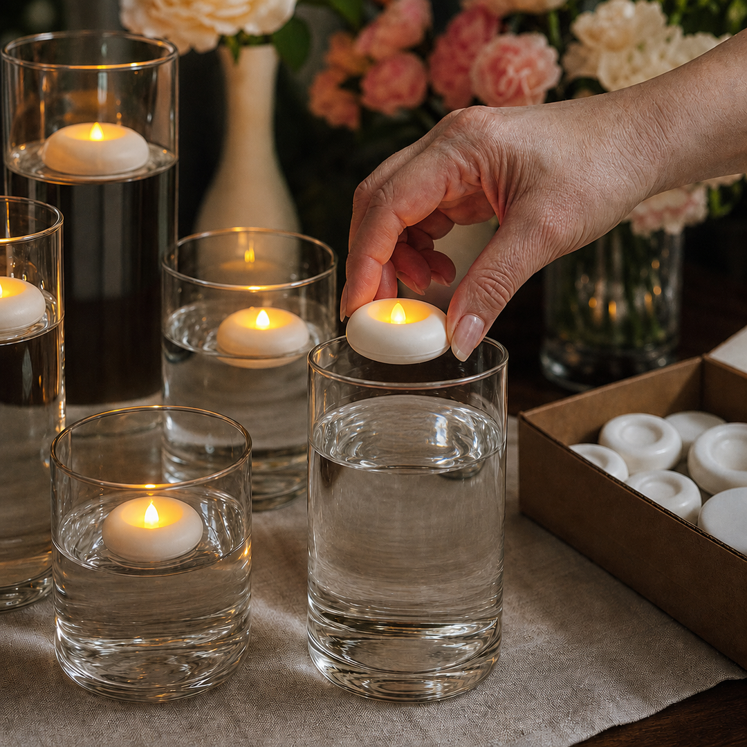 En hand placerar ett vattenaktiverat LED-ljus i ett glas med vatten