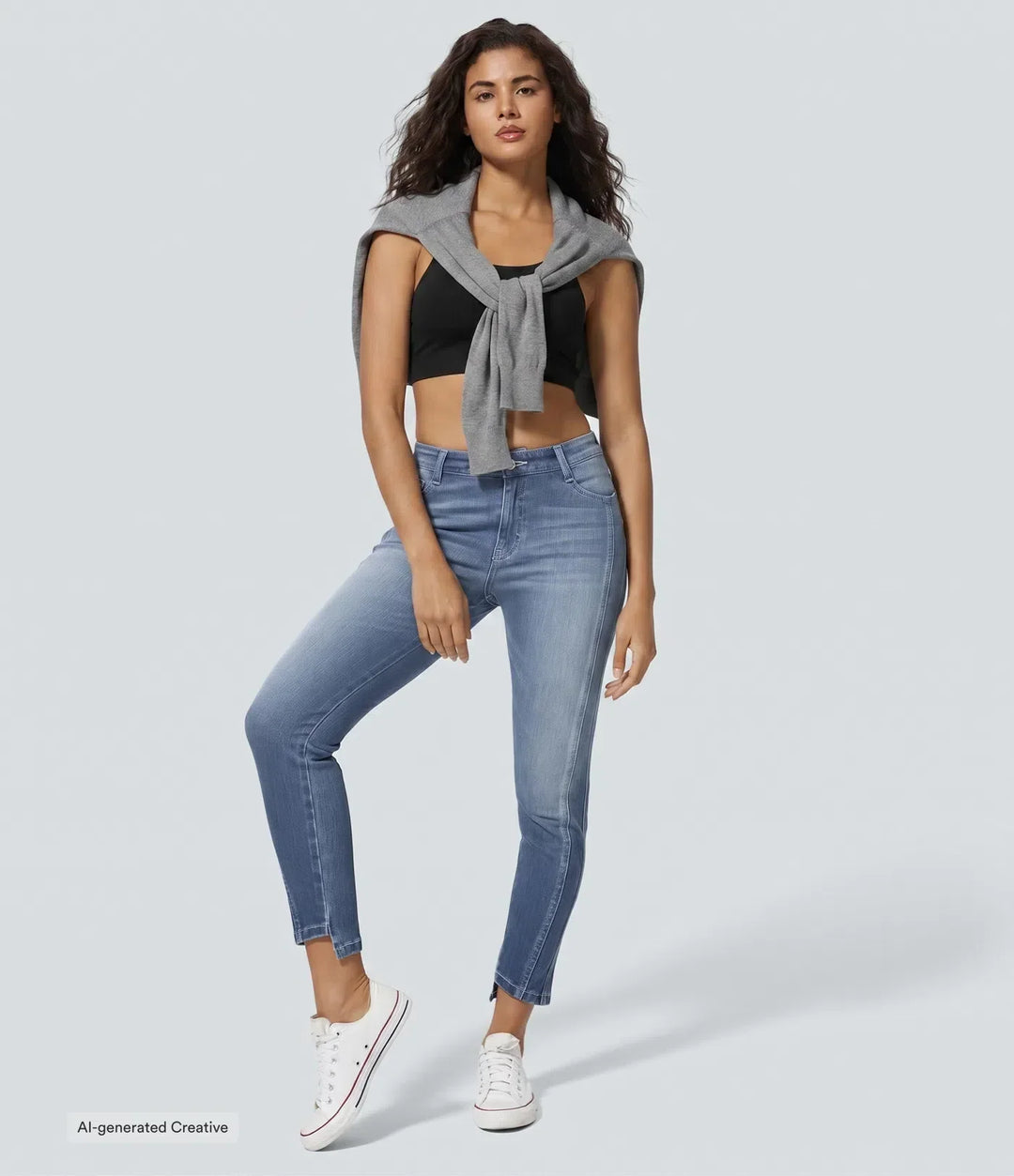 Svart eller mörkblå skinny denimbyxor för dam i helfigur