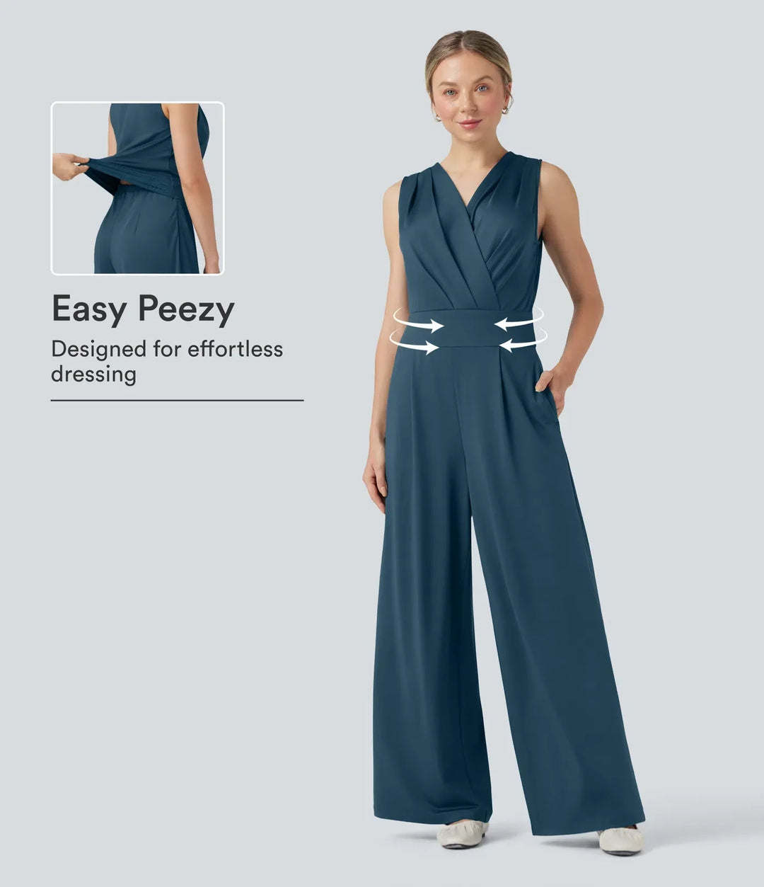 Smidig vardagsjumpsuit med v-ringning och slankande magkontroll