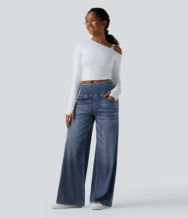 Lediga jeans med medelhög midja och vida ben i dammodell