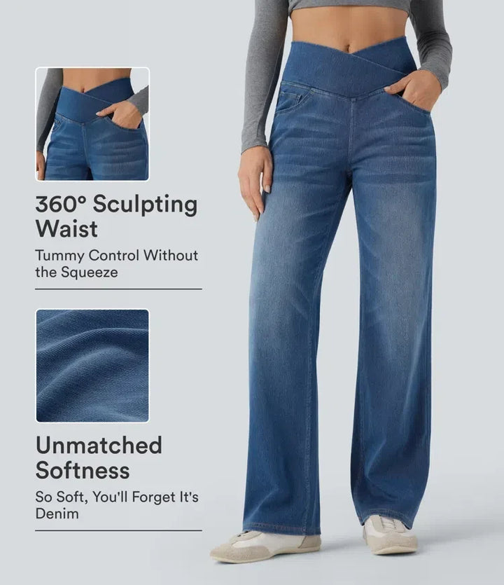 Damjeans med hög midja och crossover-design framifrån