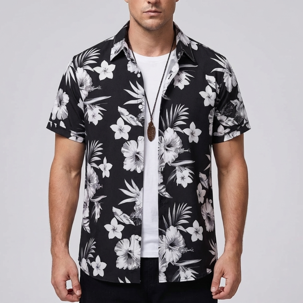 Klassisk strandskjorta med blommigt motiv i herrmodell
