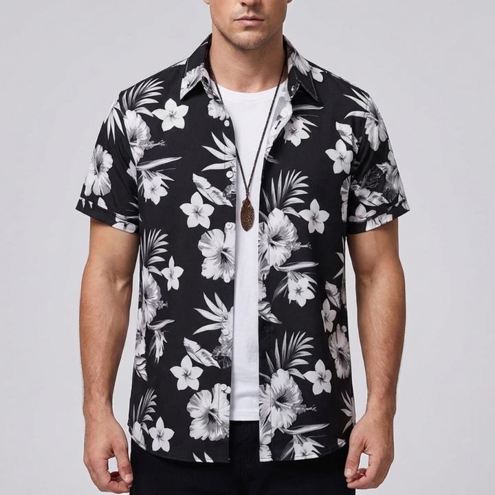 Klassisk strandskjorta med blommigt motiv i herrmodell