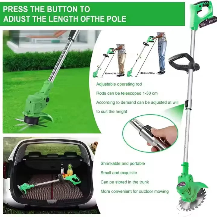 Batteridriven grästrimmer med medföljande batteri och laddare