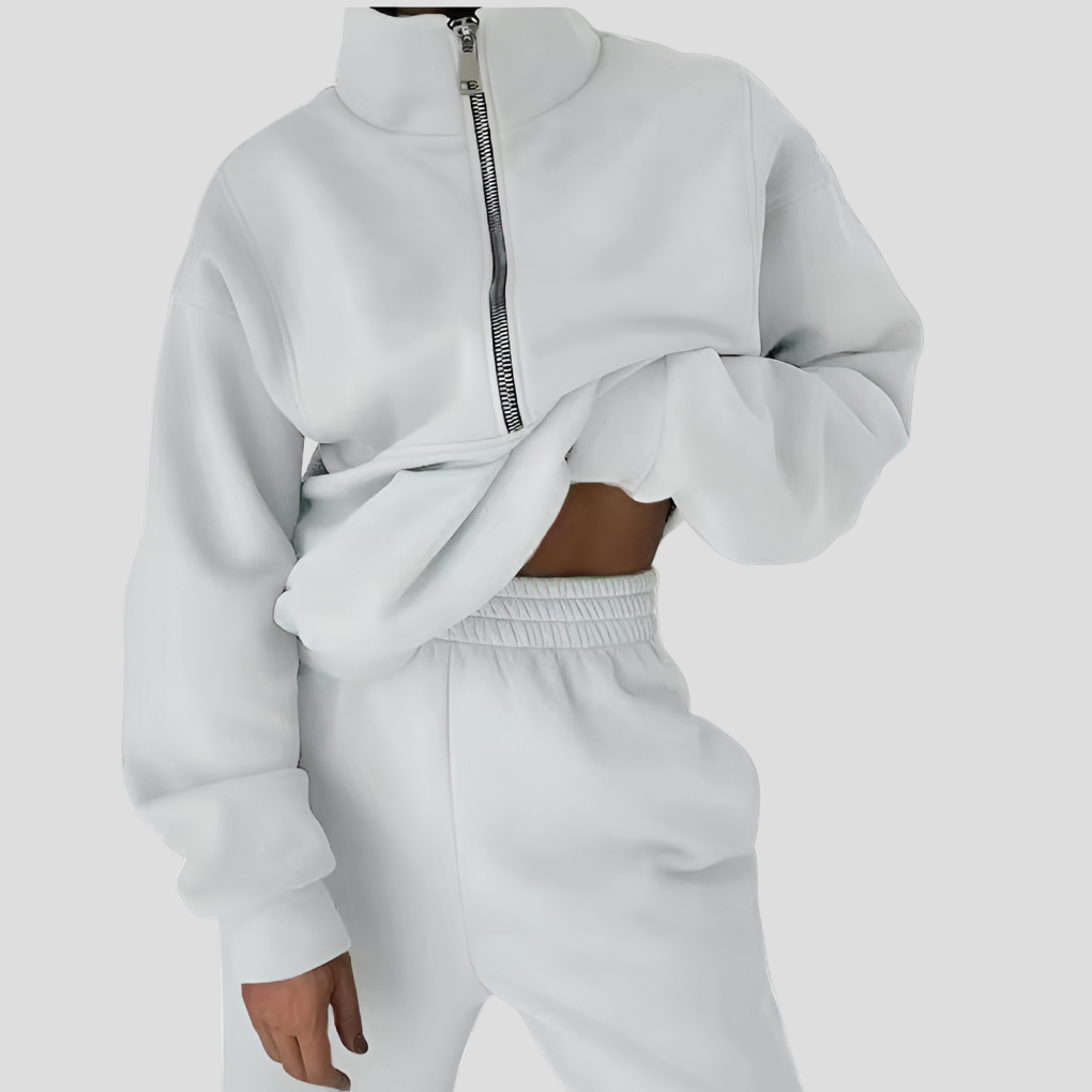 Grått damträningsoverall set med huva och matchande joggers för vardagsstil