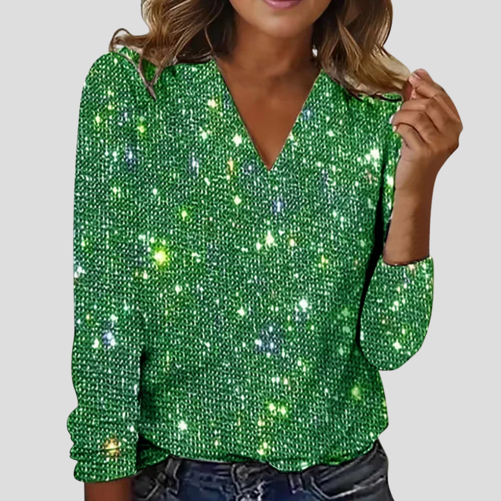 Elegant glitterblus med V-ringning och långa ärmar för dam