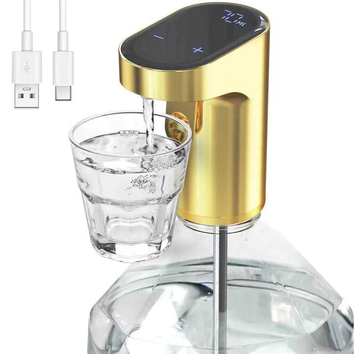 Guld färgad smart dryckesdispenser med USB-C laddare och glas