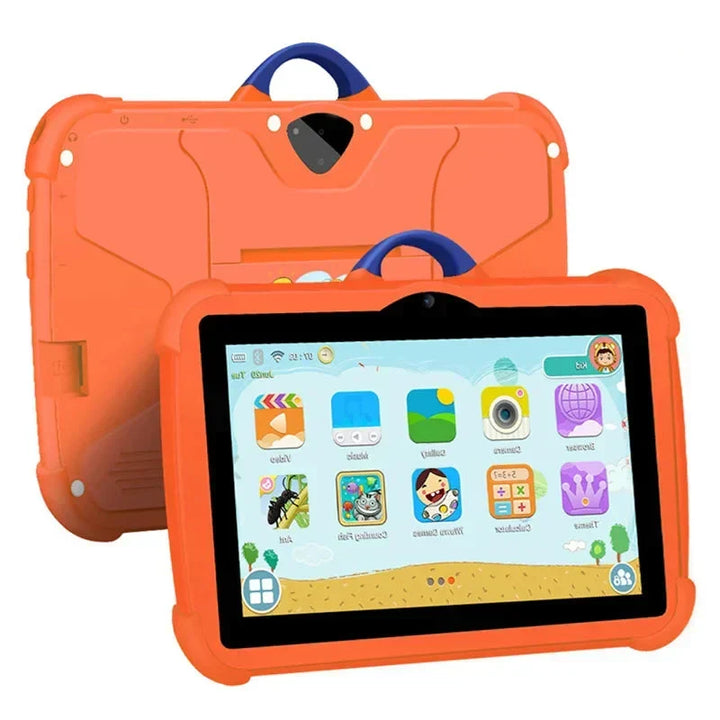 Orange surfplatta för barn med integrerat bärhandtag och färgstarkt skärminnehåll