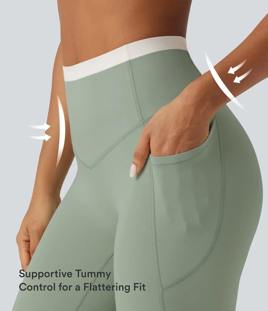 Beige högmidjade yogaleggings med fickor för mobilen