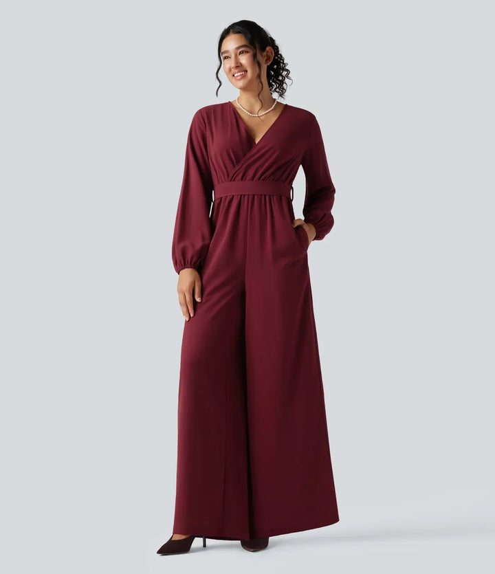Svart dam jumpsuit med v-ringning och lång ärm framifrån