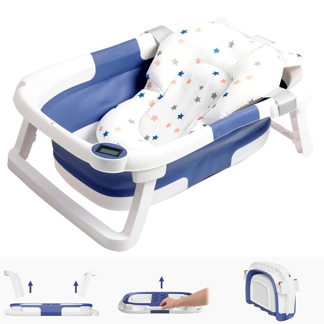 Vikbar babytub i vitt och blått med digital temperaturdisplay