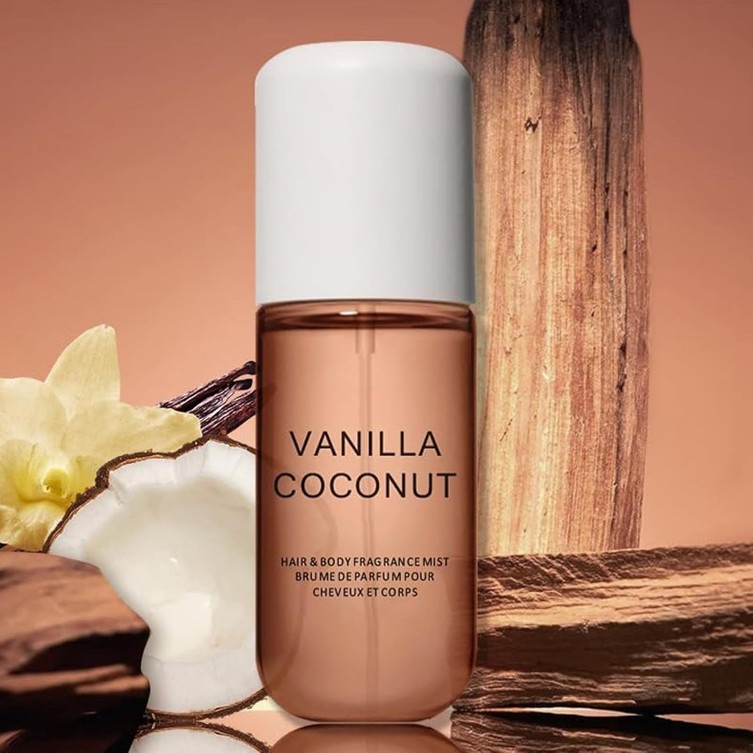 Body mist med doft av söt vanilj och kokosnöt, perfekt för kroppsvård