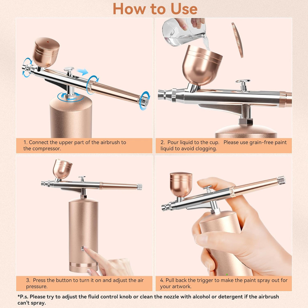 Närbild på airbrush-pistol och kompakt kompressor i elegant design
