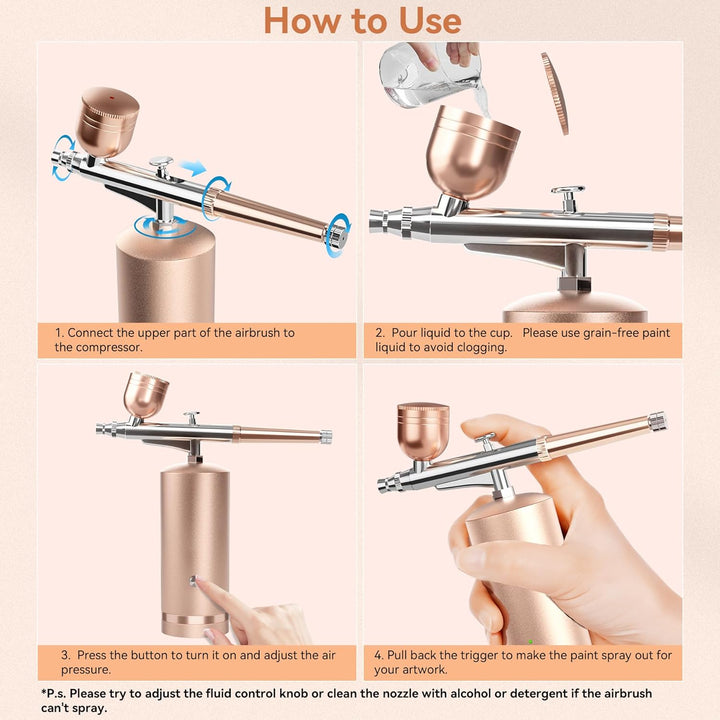 Närbild på airbrush-pistol och kompakt kompressor i elegant design