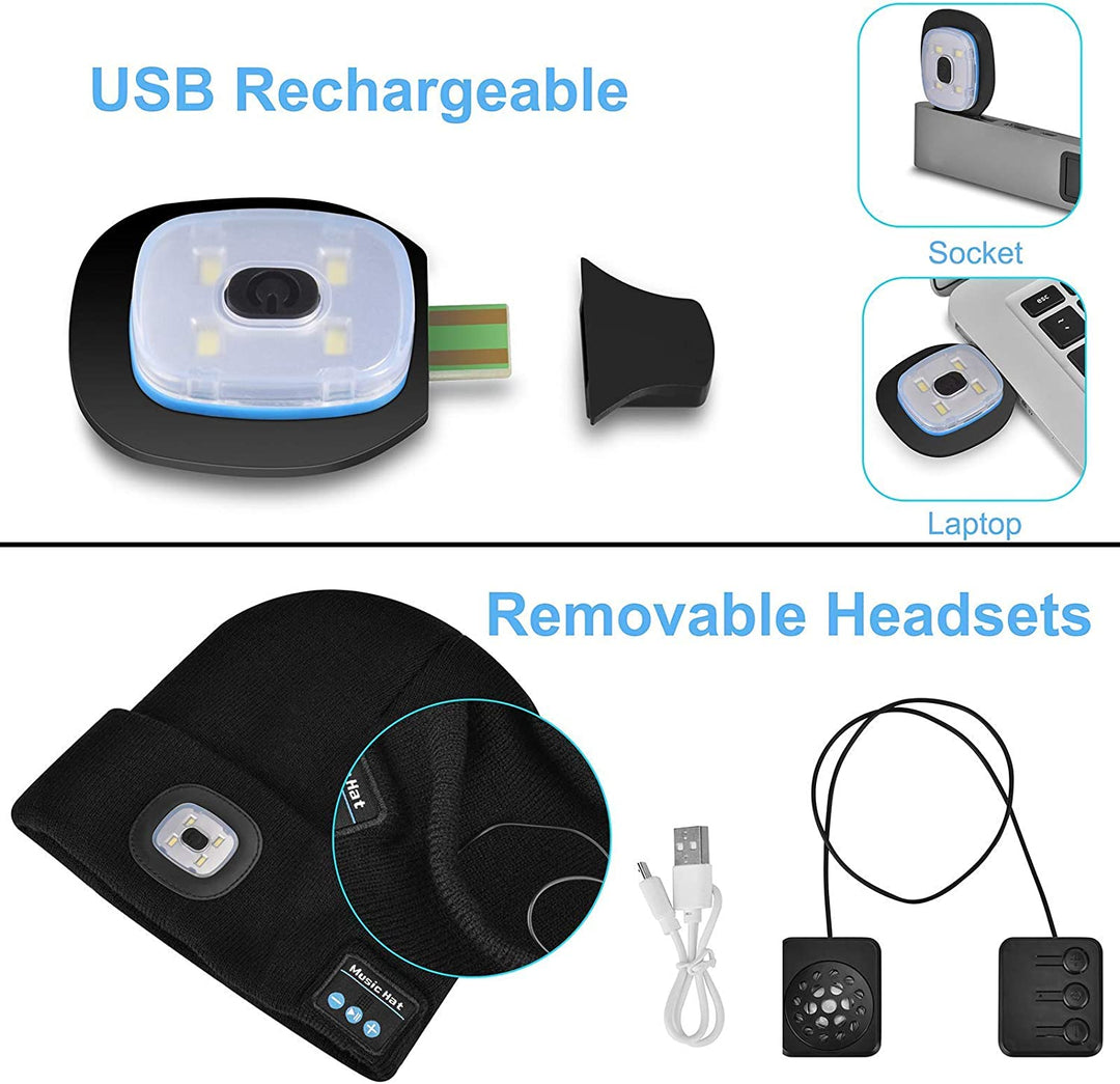 Vintermössa med USB-laddbar lampa och hörlurar i mjukt material