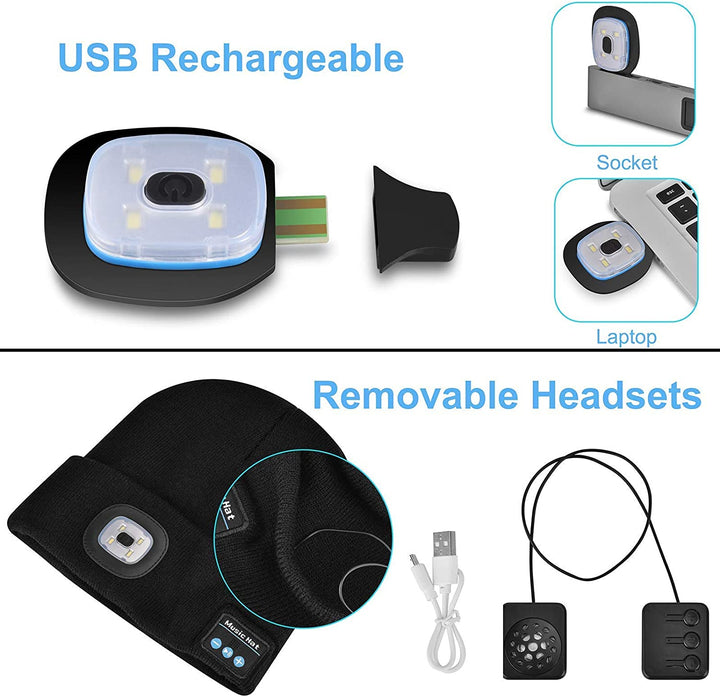 Vintermössa med USB-laddbar lampa och hörlurar i mjukt material
