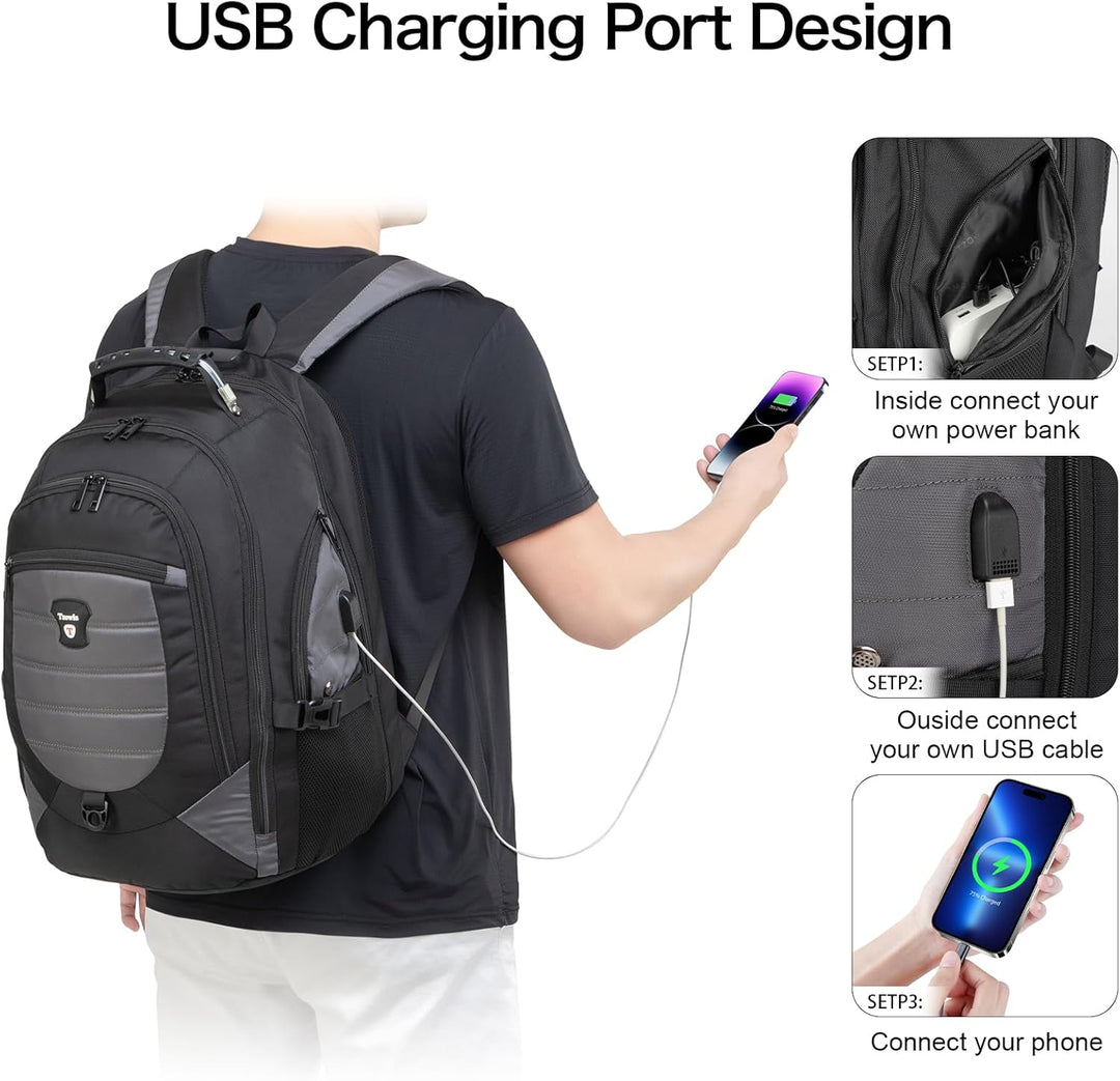 Person som bär den svarta laptopryggsäcken med visad USB-laddningsfunktion