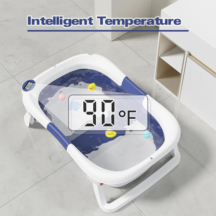 Vikbart babybadkar med smart digital temperaturdisplay för säker badstund