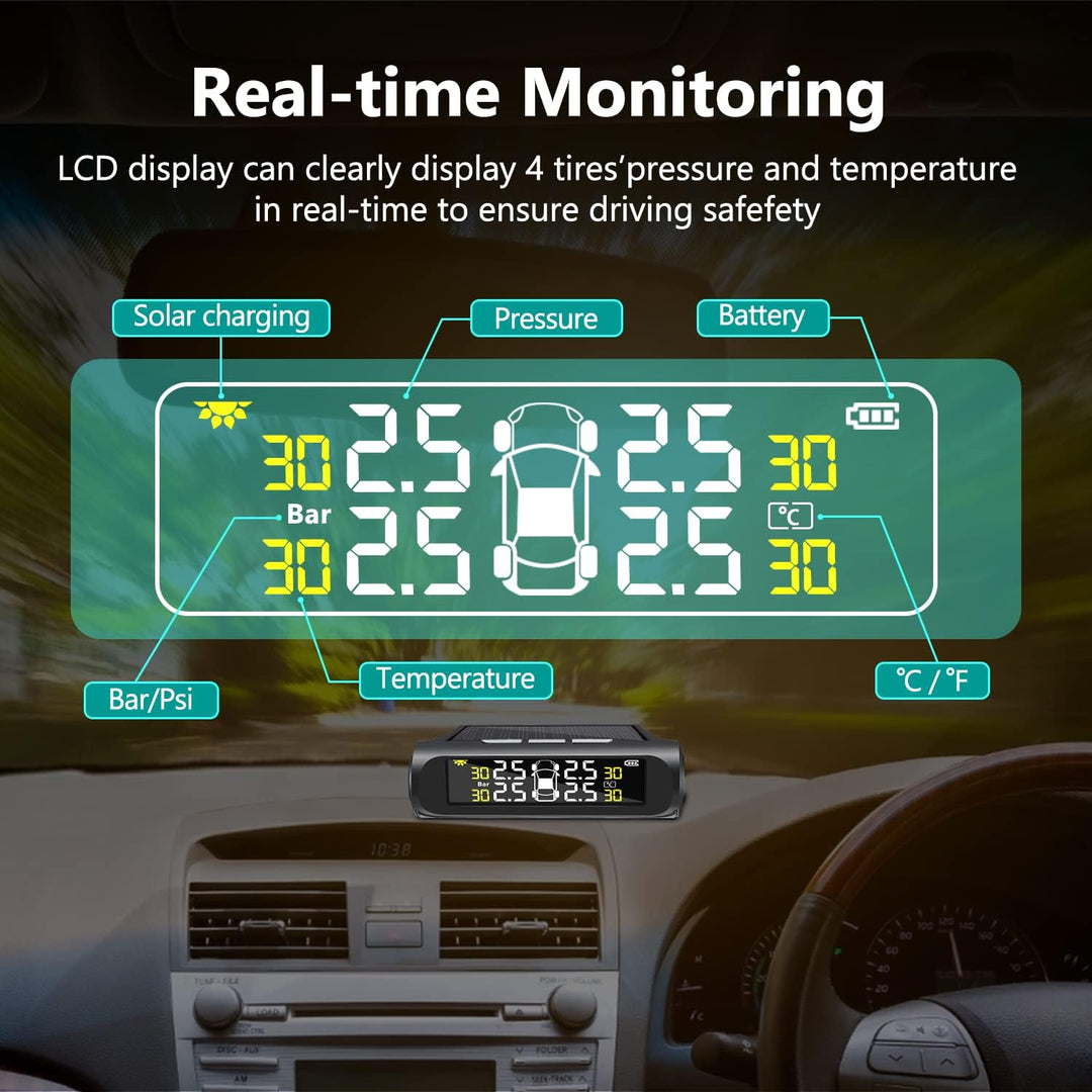 Soldriven TPMS-enhet för tryckmätning i däck med tydlig digital display