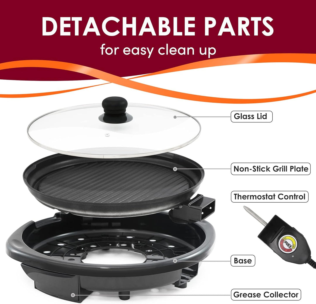 Demonterade delar av den elektriska bordgrillen som visar glaslock och värmeplatta