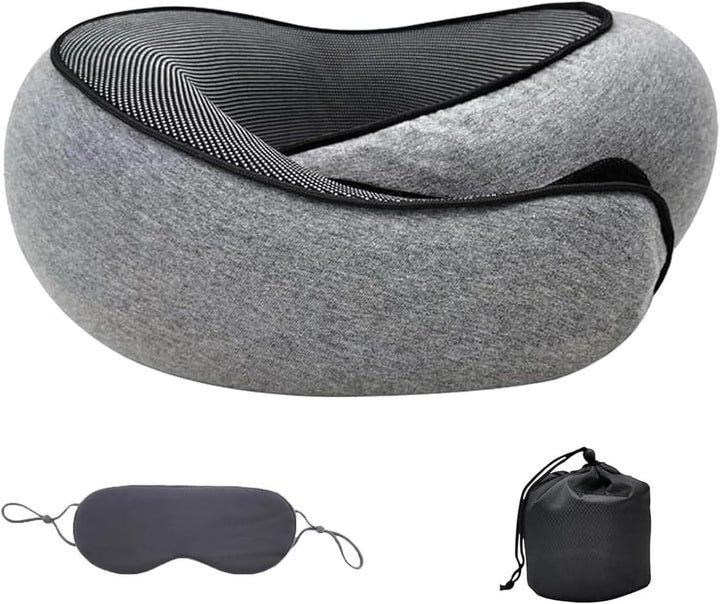 Grå ergonomisk resekudde med medföljande ögonmask och svart förvaringsväska