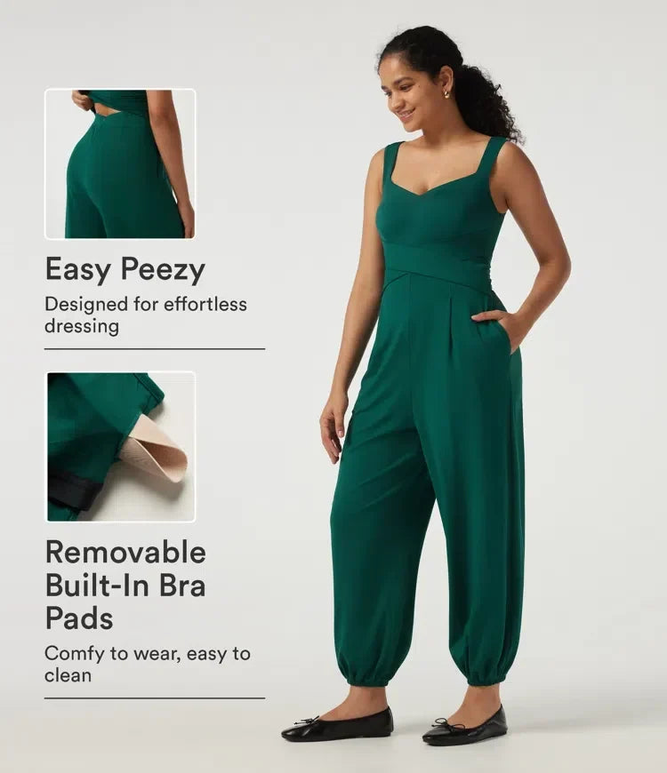 Grön ärmlös damjumpsuit med inbyggd BH och fickor