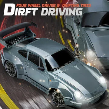 Närbild på Retro Drift Master RC-bil i grått med tända LED-strålkastare